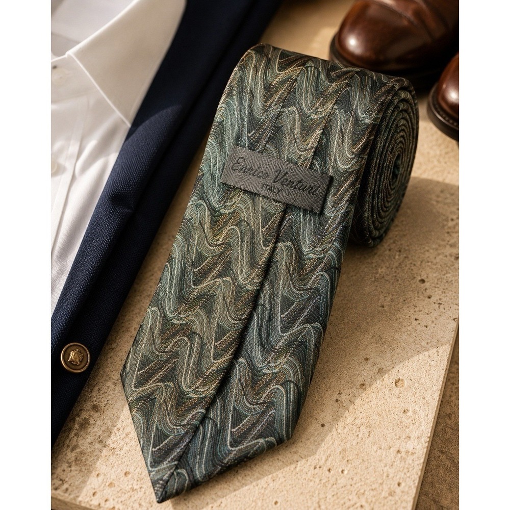 VTG Enrico Venturi 100% Silk Abstract Wave Neck Tie Olive Green Blue Bronze Tie
